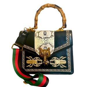 Glossy Snake Print Black Purse with Beetle & Fox embellishment and Bamboo handle